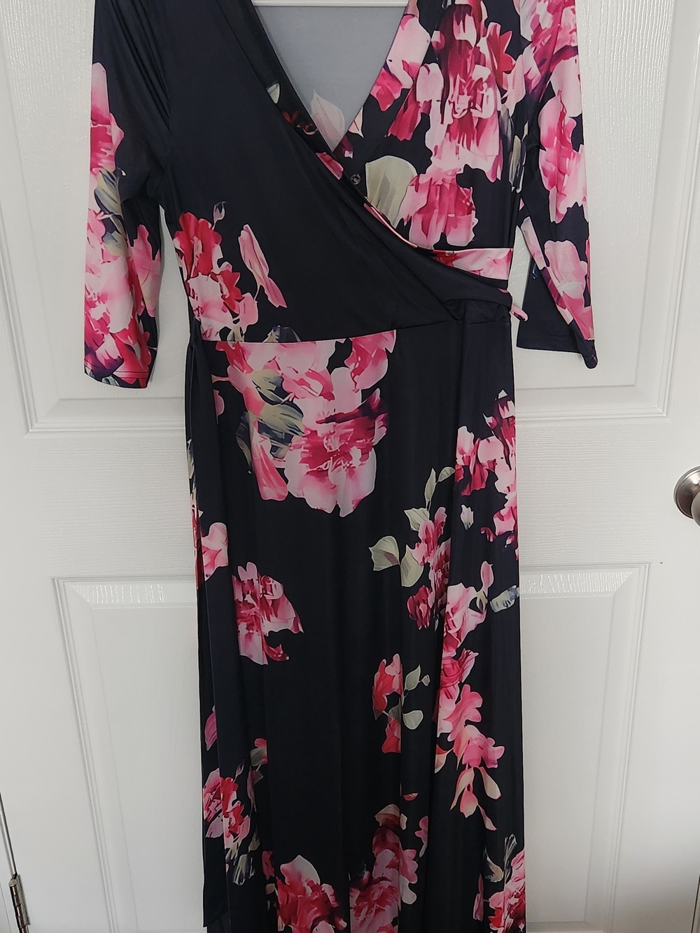 Black Maxi Wrap Dress with Pink Floral Print
